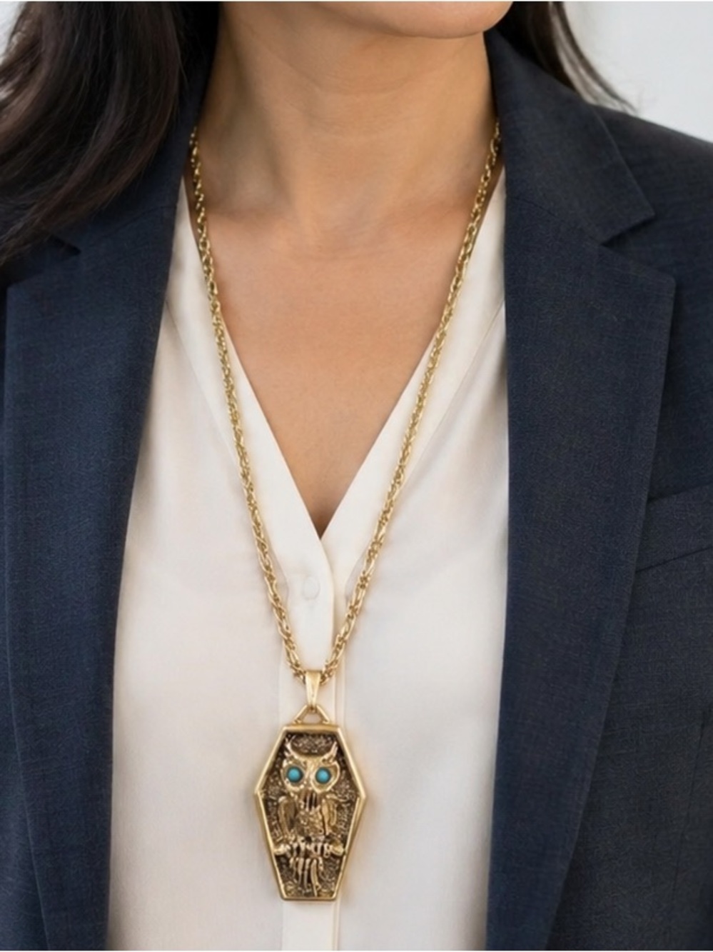 Vintage J RITTER Owl Pendant Necklace Gold Tone Turquoise Eyes Figural 1970s 24"